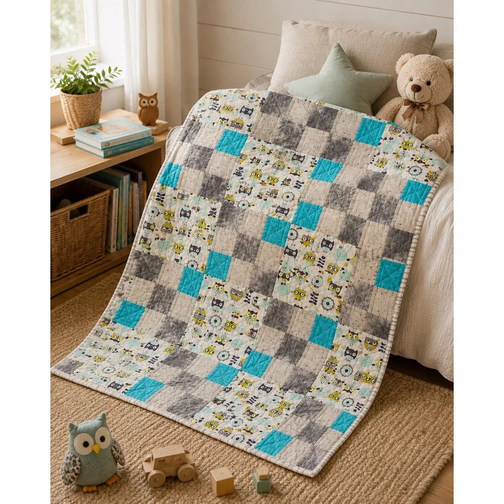 Handmade Owl Patchwork Quilt Aqua Gray Baby Toddler Nursery Woodland